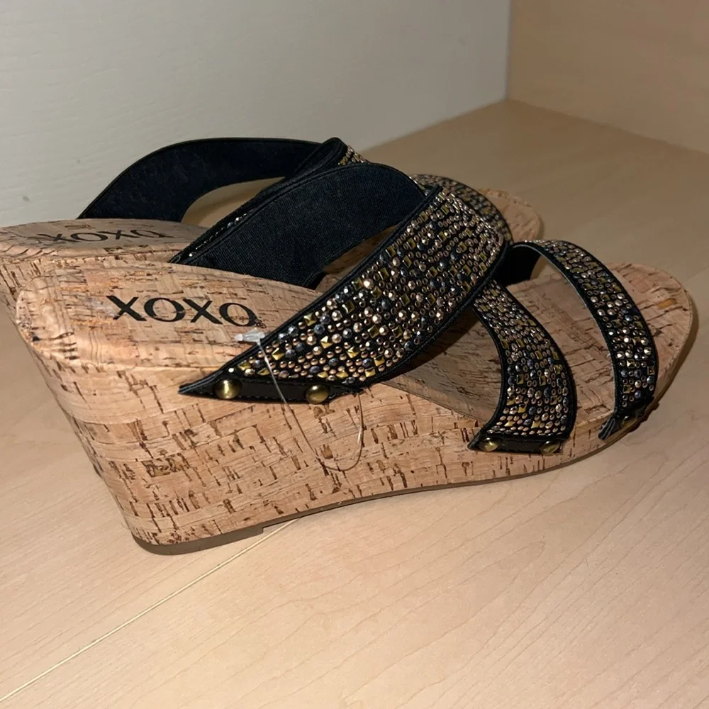 XOXO Black Gold Stud Strap Cork Wedge Slide Sandals NWOT